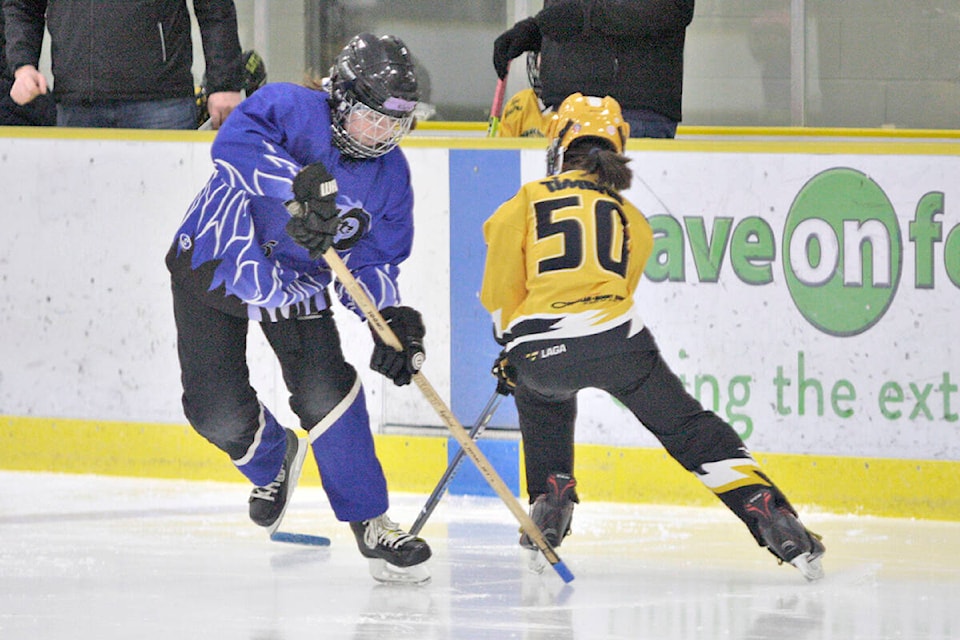 Teams from Coquitlam-Maple Ridge and Port Coquitlam-Ridge Meadows clashed at the Aldergrove Credit Union Community Centre on Saturday, Dec. 4. It was one of several Langley rinks to host the annual Michelle Vandale memorial Spirit of Winter ringette tournament. Port Coquitlam-Ridge Meadows Thunder won 8-5. Dan Ferguson/Langley Advance Times)