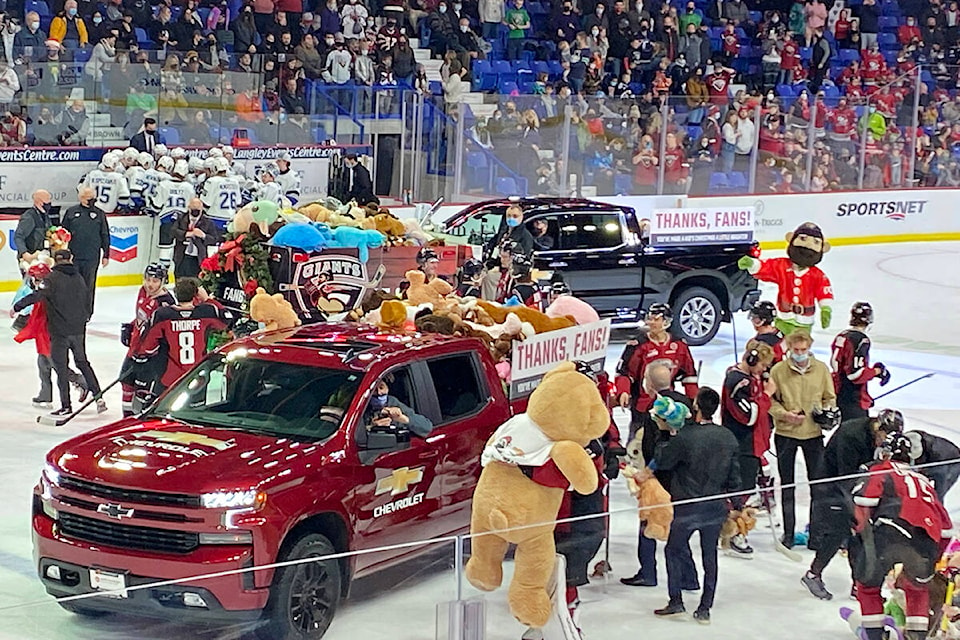 Vancouver Giants fans rained teddy bears down on the ice as part of the annual Chevrolet Teddy Bear Toss game on Friday, Dec. 10 game 4-3 at Langley Events Centre. (Lisa Farquharson/Langley Advance Times)