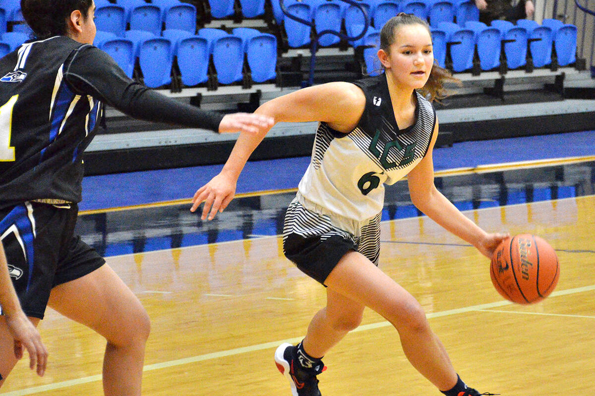 Langley Christian Lightning defeated South Delta 83-59 to take bronze at the 2021 girls Tsumura Basketball Invitational ( TBI) at Langley Events Centre. Lightning player Colette Vander Hoven is seen during Day 2 play against Seaquam. (Gary Ahuja, Langley Events Centre/Special to Langley Advance Times)