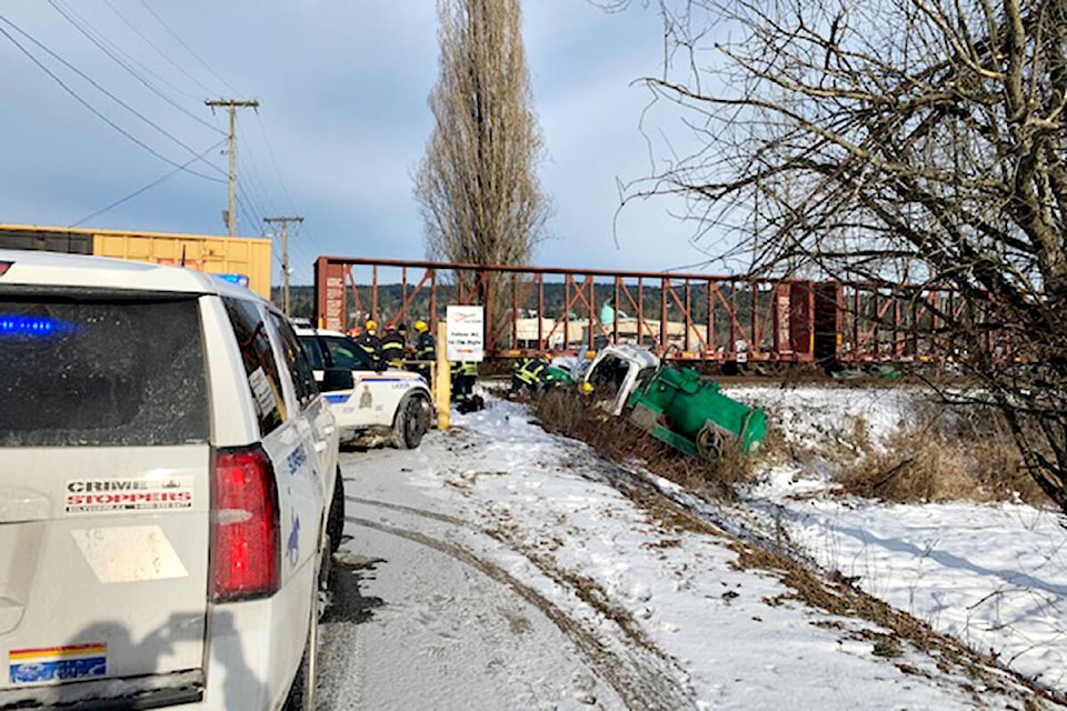 One person was injured when a truck was hit by a train Wednesday morning (Special to Langley Advance Times)