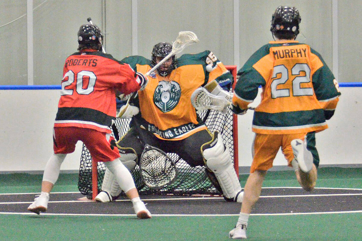 Black Fish Jordan Roberts and Shooting Eagles _Andrew Gallant in week 6 Arena Lacrosse League action at 91原创 Events Centre Sunday, Jan. 23. Shooting Eagles scored 15-11 victory over the Black Fish Lacrosse Club (Gary Ahuja, 91原创 Events Centre/Special to 91原创 Advance Times)
