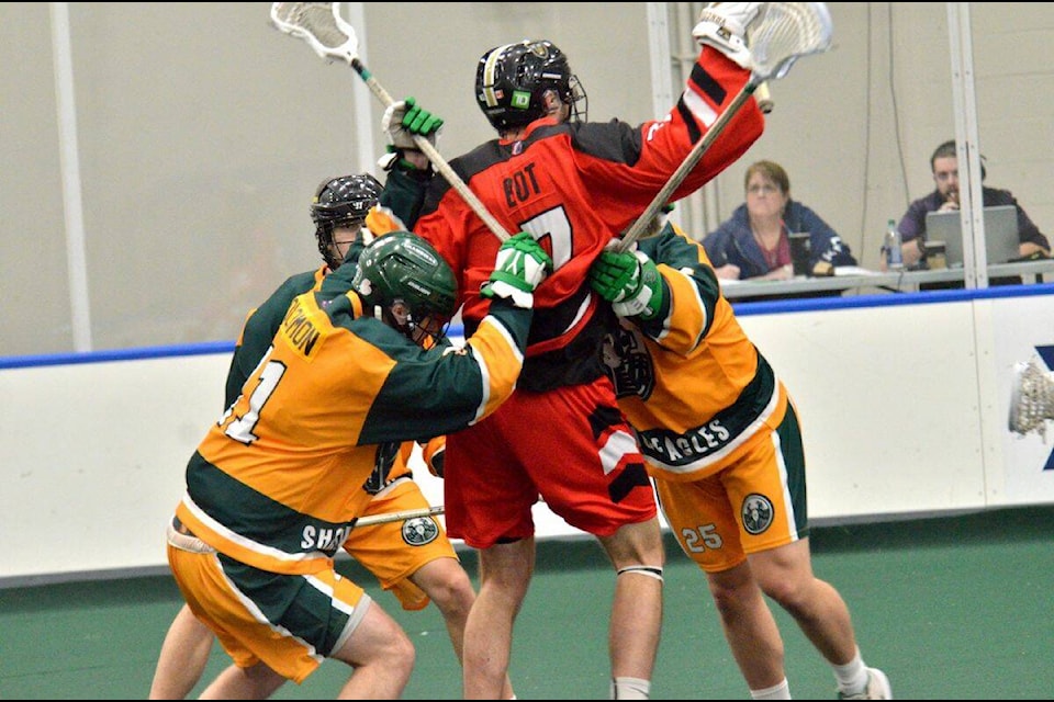 Black Fish player Isaac Bot and Shooting Eagles opponents Aidan Solomon and Owen Russell clashed Sunday in week 6 Arena Lacrosse League action at Langley Events Centre. Eagles scored a 15-11 victory. (Gary Ahuja, Langley Events Centre/Special to Langley Advance Times)