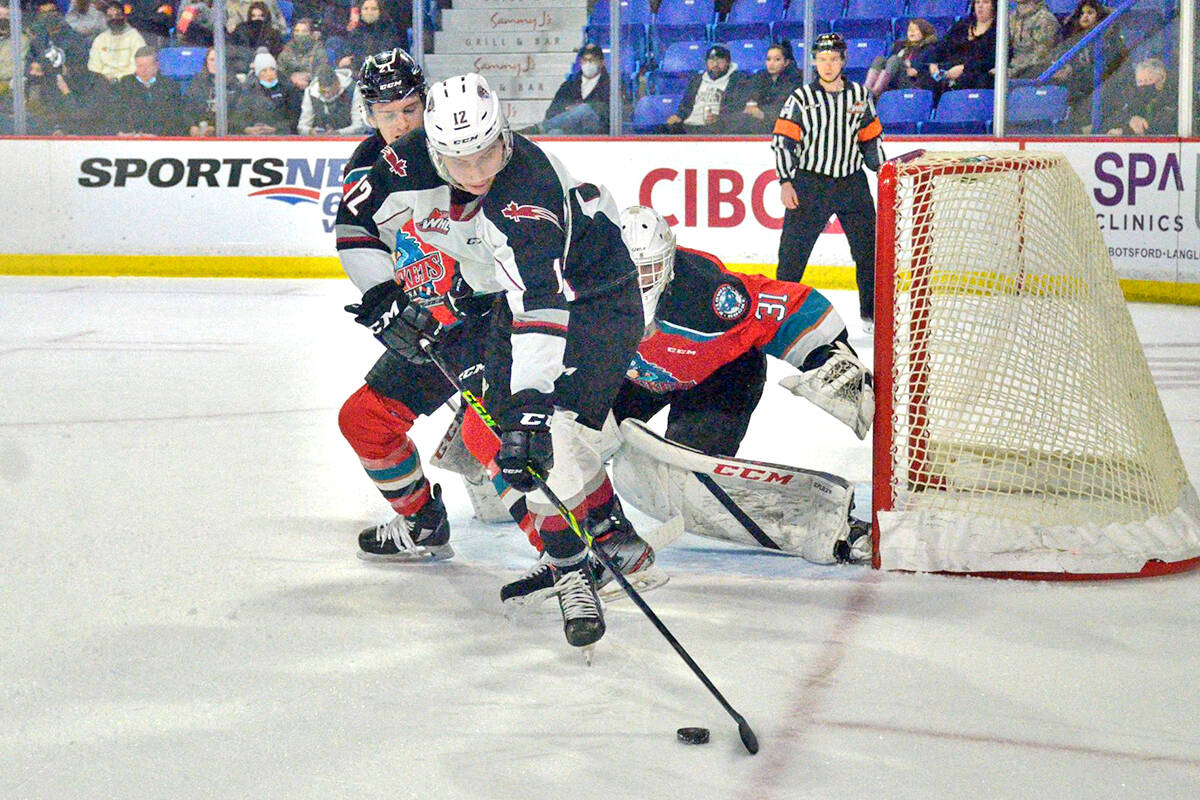Adam Hall digs for the puck at the Rockets goal. Friday night, Jan 28, at the 黑马磁力 Events Centre the Vancouver Giants (16-19-2-0) dropped a 6-0 decision to the visiting Kelowna Rockets (21-10-1-3). (Gary Ahuja, 黑马磁力 Events Centre/Special to 黑马磁力)