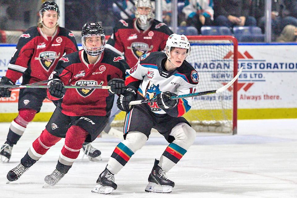 Rockets struck three times in a span of five minutes and 47 seconds in the third period to erase a 1-0 deficit and defeat Vancouver Giants 3-1 Saturday night at Prospera Place in Kelowna. (Steve Dunsmoor/Special to Langley Advance Times)