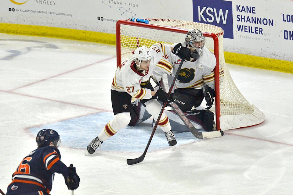 Alex Cotton guarded the Giants goal during at Sunday’s (Jan. 30) game against Kamloops Blazers at  Events Centre. (Gary Ahuja,  Events Centre/Special to )