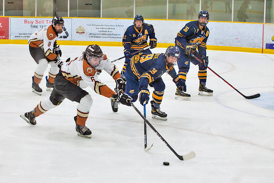 Aldergrove Kodiaks forward Taylor Chiu pursued the puck Wednesday Jan 26 at Aldergrove Credit Union Community Arena. Final score: Chilliwack 6 Aldergrove 5. (Kurt Langmann/Special to Langley Advance Times)