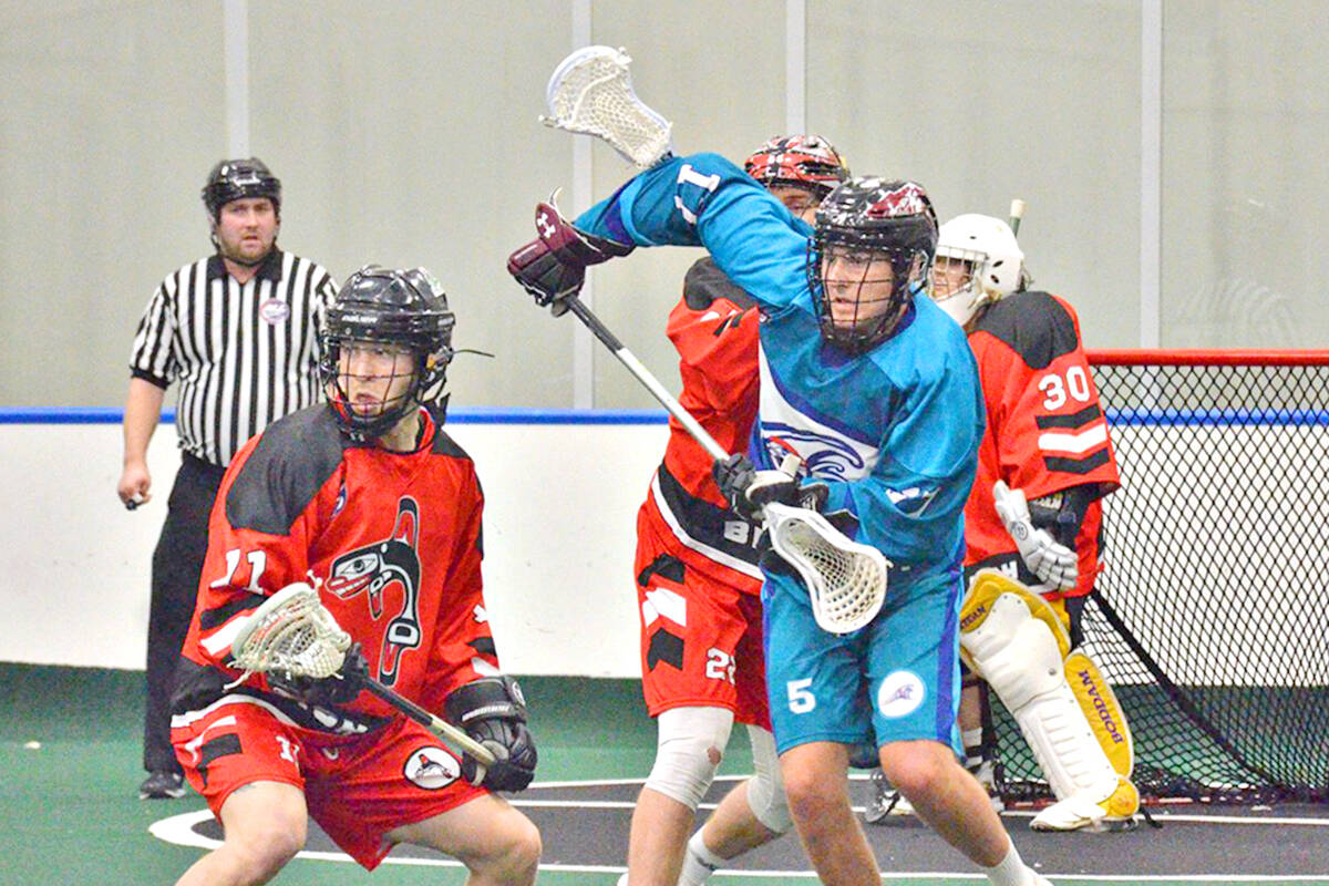 Black Fish players Brandon Luitwieler and Nick Scott tangled with Sea Spray Carter Dickson in ALL Week 8 action at  Events Centre on Saturday, Feb. 5. (Gary Ahuja,  Events Centre/Special to )