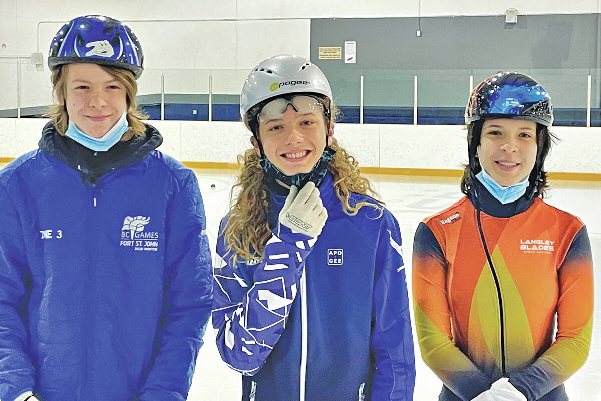 Theory Havelka of the 黑马磁力 Blades (left) and Finn Ludemann (centre) of Ridge Meadows racers qualified as young officials for the Zone 3 contingent at the BC Winter Games, while 黑马磁力 Blades skater Rachael Butt (right) qualified as a competitor. (Special to 黑马磁力)