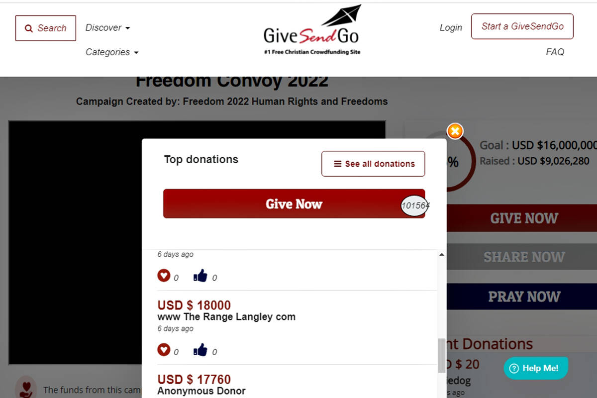 An online image grab shows The Range is one of the top donors to the second 2022 freedom convoy fund that was launched after GoFundMe closed down the first (grab)