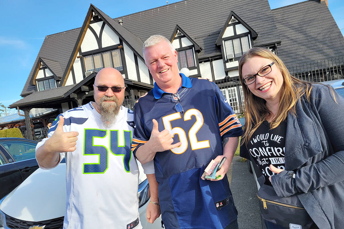 Jeff Unrah from Cloverdale (left), and Rory J. and Danielle Walsh from Willoughby watched Super Bowl 2022 at Jimmy Mac聮s Pub in 91原创, which was one of 12 pubs and bars to trial a new BCLC online betting option. (Dan Ferguson/91原创 Advance Times)