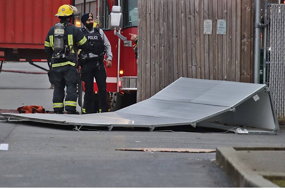 Firefighters responded to reports of an explosion at a business plaza warehouse in the 9300 block of 200A St. Sunday Feb. 13. (Shane MacKichan/Special to 91ԭ Advance Times)