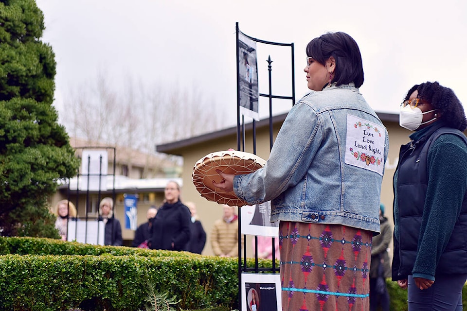Members of the Trinity Western University gathered at the Remembrance Circle on the 91ԭ Campus to honour Missing and Murdered Indigenous Women. TWU held special events Feb. 14 and 15, 2022. (Special to 91ԭ Advance Times)