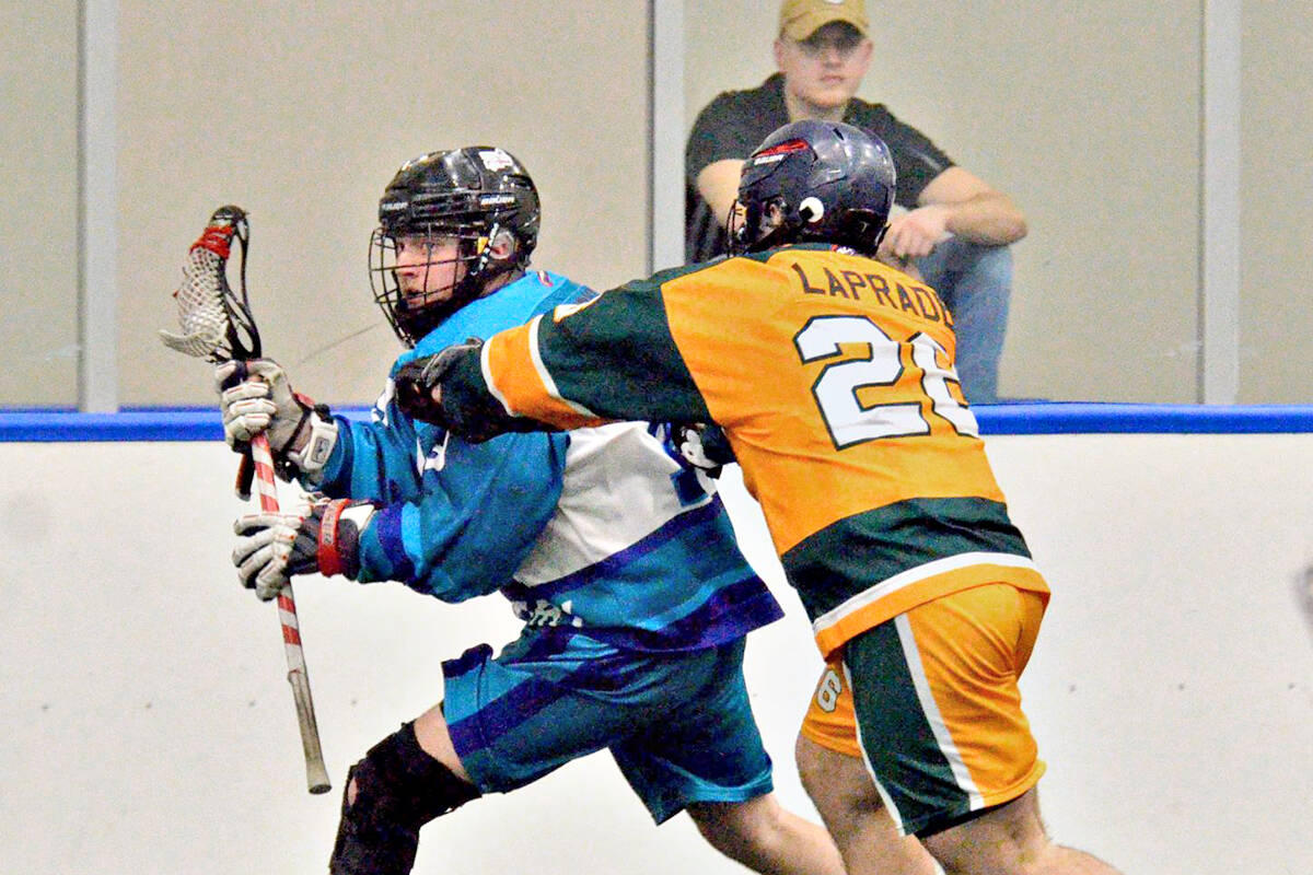 Shooting Eagles Dylan Laprade tangled with Sea Spray Tyler Kirkby 91原创 Events Centre. Kirkby had a goal and five more assists on Tuesday, Feb. 16, leading ALL West with 46 assists. (Gary Ahuja, 91原创 Events Centre/Special to 91原创 Advance Times)