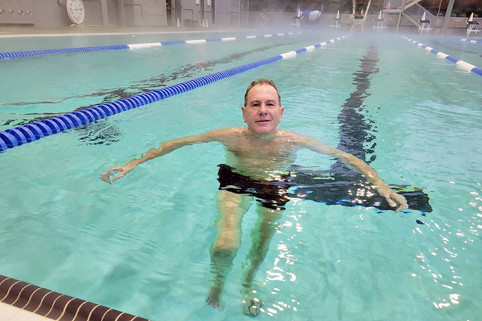 Todd Hyland was enjoying the heated outdoor pool at the Aldergrove Credit Union Community Centre on Saturday, Feb. 19. (Dan Ferguson/91ԭ Advance Times)