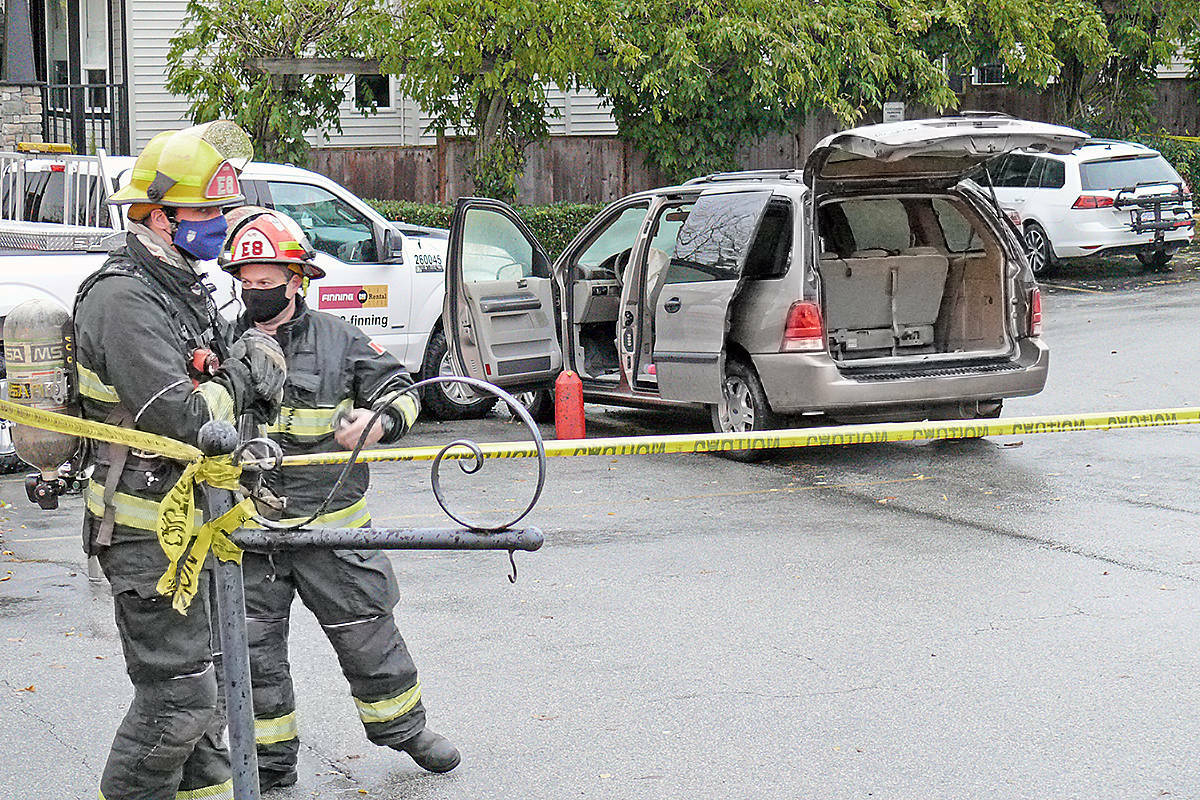 An Abbotsford man has been sentenced for the shooting of two people outside a Langley hotel in November of 2020. Suspects jumped out of a burning van and left it to crash. (Langley Advance Times file)