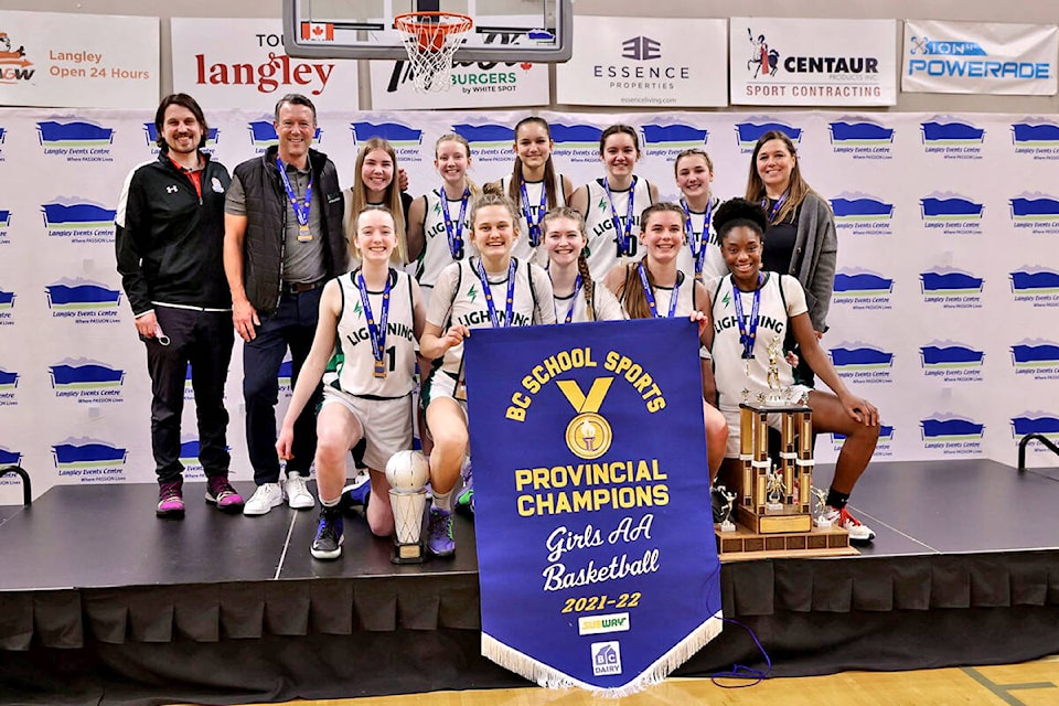 Langley Christian Lightning are winners of the B.C. School Sports 2A Girls Basketball Provincial Tournament, held at Langley Events Centre. They took gold Saturday, March 5, downing West Vancouver’s Mulgrave Titans 70-60. (Garrett James, Langley Events Centre/Special to Langley Advance Times)