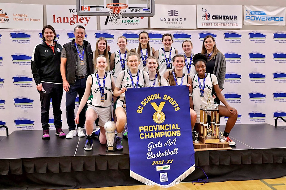  Christian Lightning are winners of the B.C. School Sports 2A Girls Basketball Provincial Tournament, held at  Events Centre. They took gold Saturday, March 5, downing West Vancouver’s Mulgrave Titans 70-60. (Garrett James,  Events Centre/Special to )