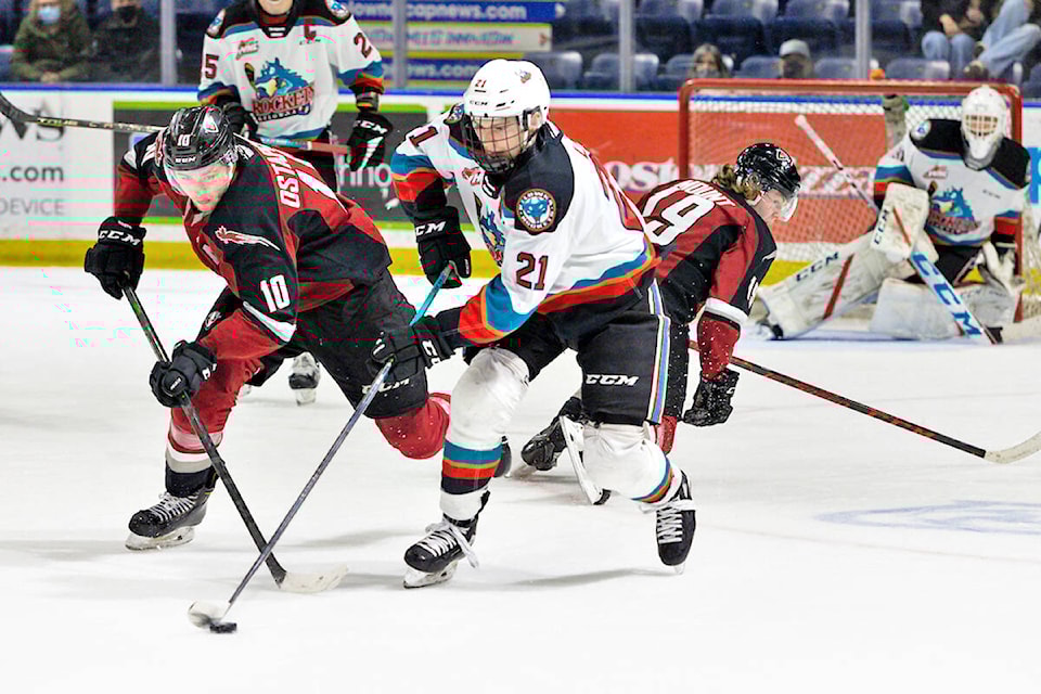 A hard battle saw Vancouver Giants fall 5-3 to Kelowna Rockets Saturday night, March 5, at Prospera Place in Kelowna. (Steve Dunsmoor/Special to )