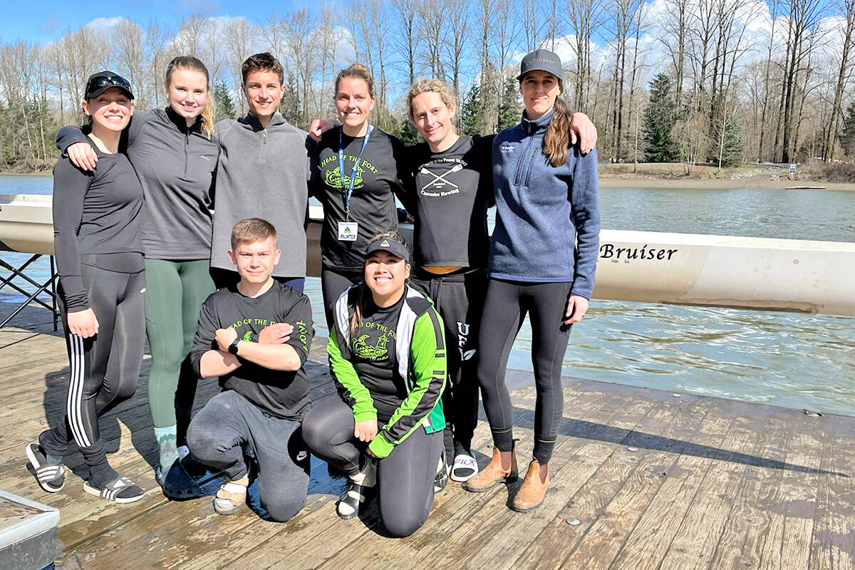Lisa Roman, with the UFV rowing team at Bedford Channel following the Head of the Fort regatta on Saturday, March 19. The team won their novice categories at the Head of the Fort regatta, the first held since the pandemic struck. (Special to Langley Advance Times)