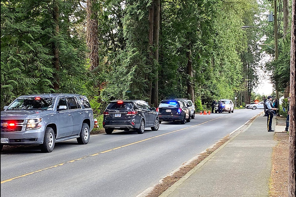 Police on the scene of a shooting incident on 124th Avenue in Maple Ridge on Thursday. (Colleen Flanagan/The News)