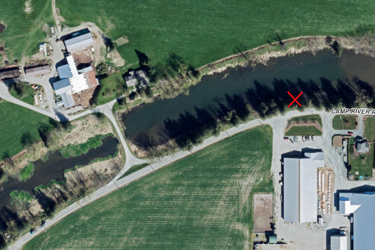 The X marks the approximate location of a single vehicle crash that killed a 17-year-old Chilliwack boy on Camp River Road on May 22, 2022. (GoogleMaps)
