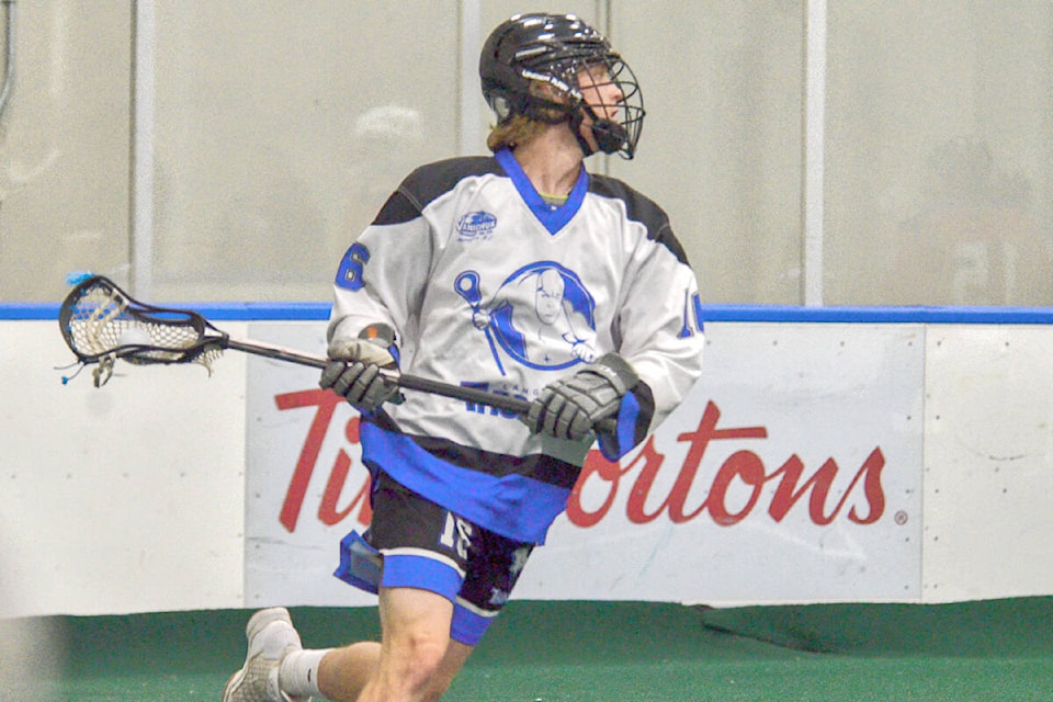 91ԭ Thunder player Blake Larsen had a hat trick and a four-point game as eight 91ԭ players found the back of the net en route to a 14-10 win over the visiting New Westminster Salmonbellies on Tuesday night, May 24, at 91ԭ Events Centre in BC Junior Tier 1 Lacrosse League action. (Gary Ahuja, 91ԭ Events Centre/Special to 91ԭ Advance Times)