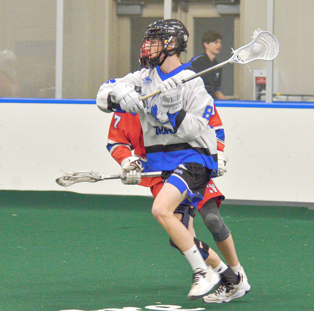 Jack Margetson had a hat trick and a four-point game as eight 91原创 Thunder players found the back of the net en route to a 14-10 win over the visiting New Westminster Salmonbellies on Tuesday night, May 24, at 91原创 Events Centre in BC Junior Tier 1 Lacrosse League action. (Gary Ahuja, 91原创 Events Centre/Special to 91原创 Advance Times)