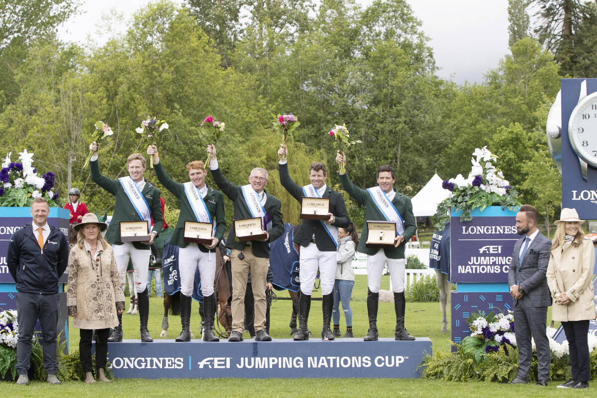 Team Ireland took the podium at tbird after winning the 2022 Longines FEI Jumping Nations Cup of Canada on on Sunday, June 5. (Photo by Cealy Tetley, tbird/Special to 91原创 Advance Times)