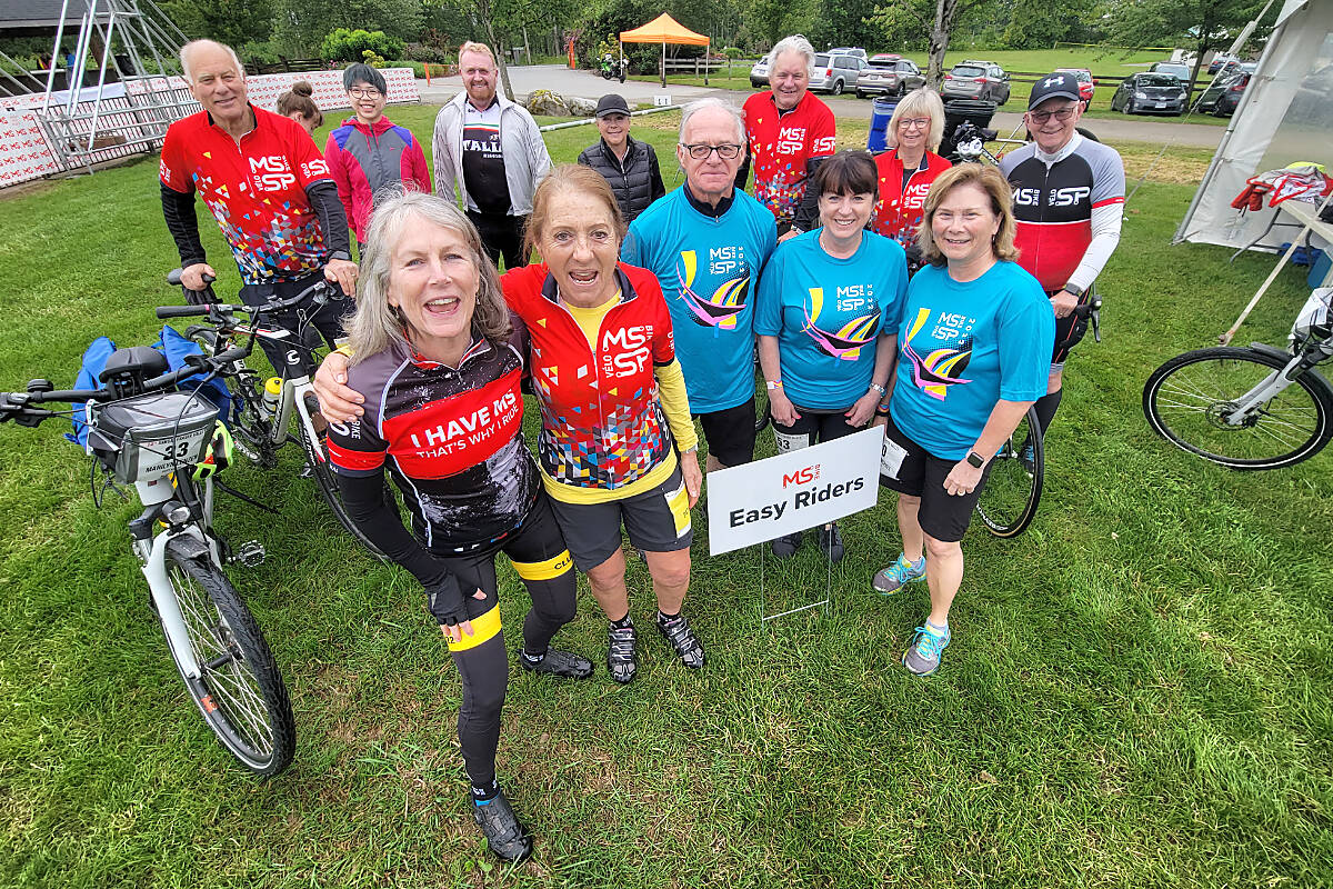 It was the 19th MS Bike ride for the Easy Riders team, captained by Fort Langleys Patricia Wilson (second from left front). They raised more than any other team in the two-day 100km ride through Langley, Aldergrove and Abbotsford on June 18 and 19. (Dan Ferguson/Langley Advance Times)