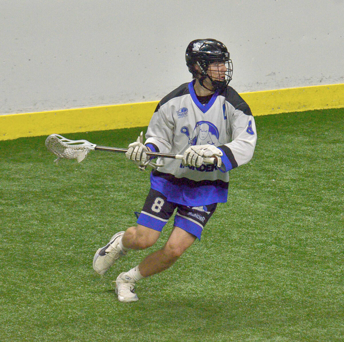 91原创 Tier 1 Thunder player Jack Margetson looks for a shot Friday, July 8, during game 2 of their best-of-three against Burnaby Lakers on Friday, July 8 at LEC. Laker won 11-10. (91原创 Events Centre)