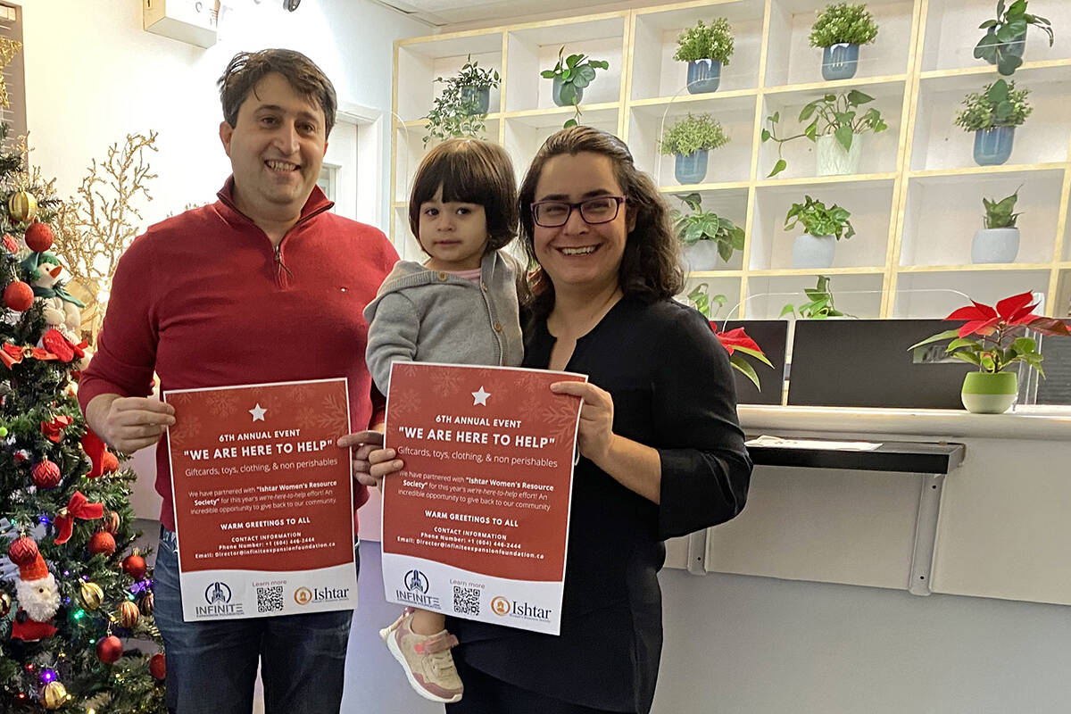 Majid Afunian (left), Dr. Fatemeh Basij and their daughter Rose at Allard Dental Centre. At the end of 2021 they participated in the 聯We Are Here to Help聰 gift and toy drive to benefit 91原创 families.