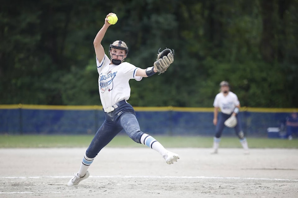 Fusion 06 Pitcher Jordyn Ruppel in action. Fraser Valley Fusion 06 battled back from an injury-plagued season to take gold at the provincial U17A championship in Langley on Sunday, July 17. (Jennifer Reimer/Special to Langley Advance Times)