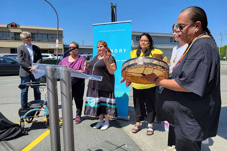 Indigenous singers marked the opening of the Langley Foundry on Eastleigh Crescent on Tuesday, July 19. (Dan Ferguson/Langley Advance Times)