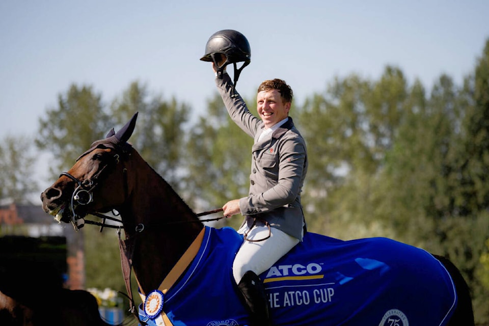 Matthew Sampson (GBR) and Elisa BJX won the $100,000 ATCO Cup at Langley’s Thunderbird Show Park Sunday, Aug. 21. It was only the second time the 10-year-old Oldenburg mare had jumped in a 1.50m event. (tbird/Quinn Saunders)