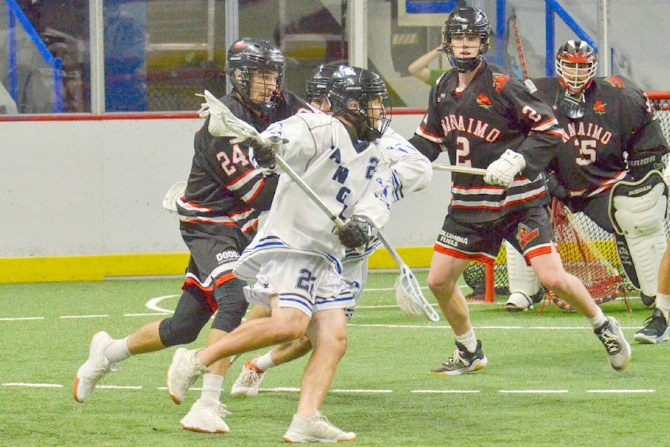 The Langley Thunder have a three games to zero series lead in the best-of-seven Western Lacrosse Association finals following a 12-11 overtime victory over Nanaimo on Tuesday night, Aug. 23, at Langley Events Centre. (Photo courtesy Langley Events Centre)