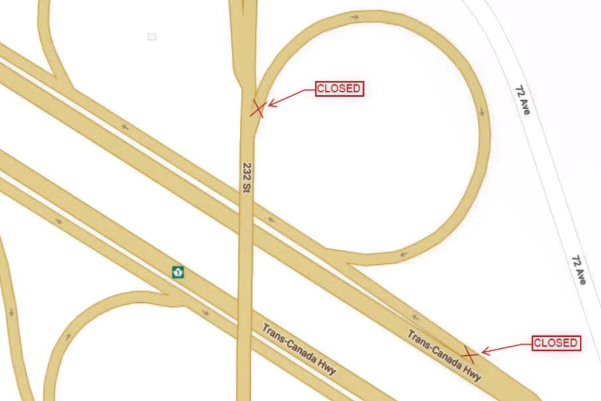 Traffic through the 232nd Street overpass will be closed from 9 p.m. to 5 a.m. from Sunday to Thursday night each week, until the end of October, while repair work is carried out on the overpass. (Mainroad Contracting)