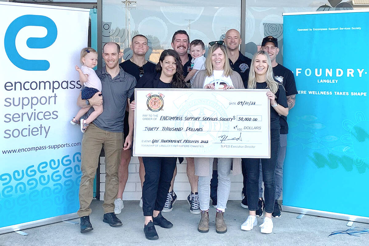 International Association of Fire Fighters Local 4550, the union representing Township firefighters, showed up at the community opening of the Foundry health and wellness facility on Saturday, Sept. 24, with a cheque for $30,000. (Special to Langley Advance Times)