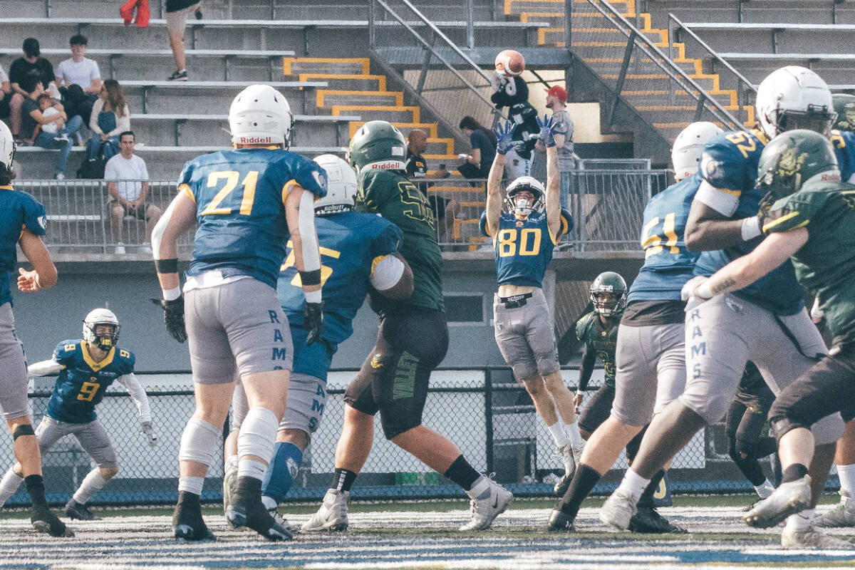 Rams receiver Beckham Dickie (No. 80), seen here in action earlier in the season, hauled down a passing play from quarterback Trey Jones to score 91原创聮s lone touchdown against the Okanagan Sun on Saturday, Sept. 25. (Rams Facebook)