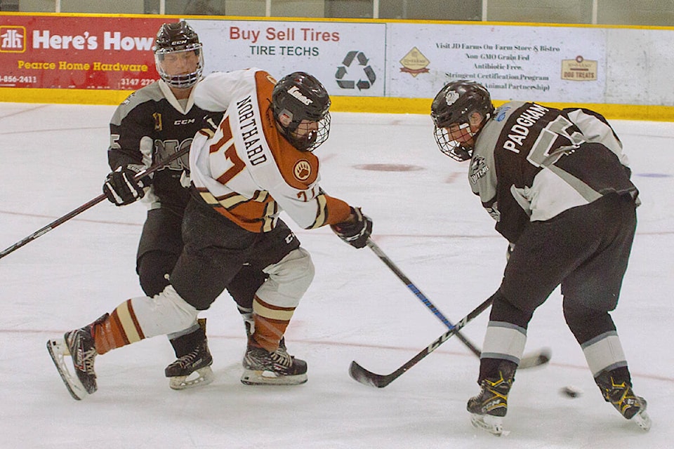 Kodiaks defenceman Cameron Northard takes a shot during the Oct. 19 game against Mission City Outlaws at Aldergrove Credit Union Community Arena. Mission won 6-1. (Kurt Langmann/Special to Langley Advance Times)