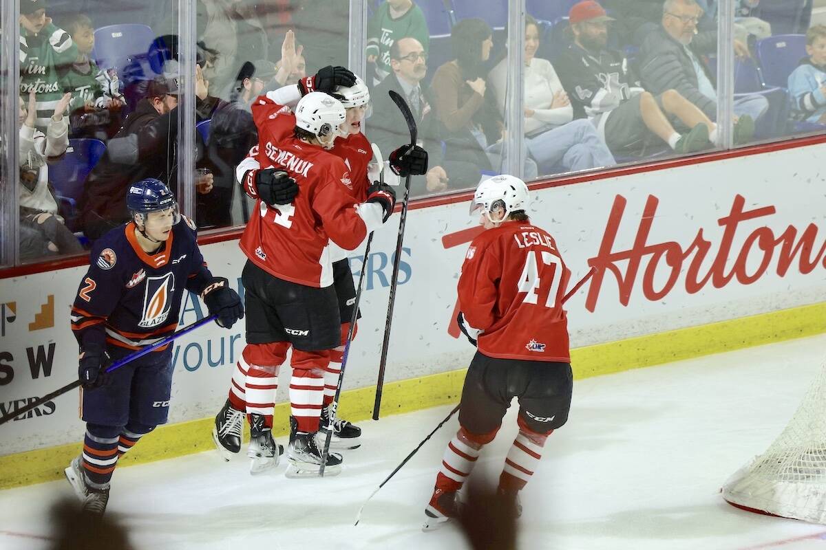 Ethan Semeniuk and Samuel Honzek celebrated their short-handed goal that tied the game against Kamloops Blazerson Friday, Nov. 18. Blazers went on to win 4-1. (Rob Wilton/Special to 91Ô´´ Advance Times)