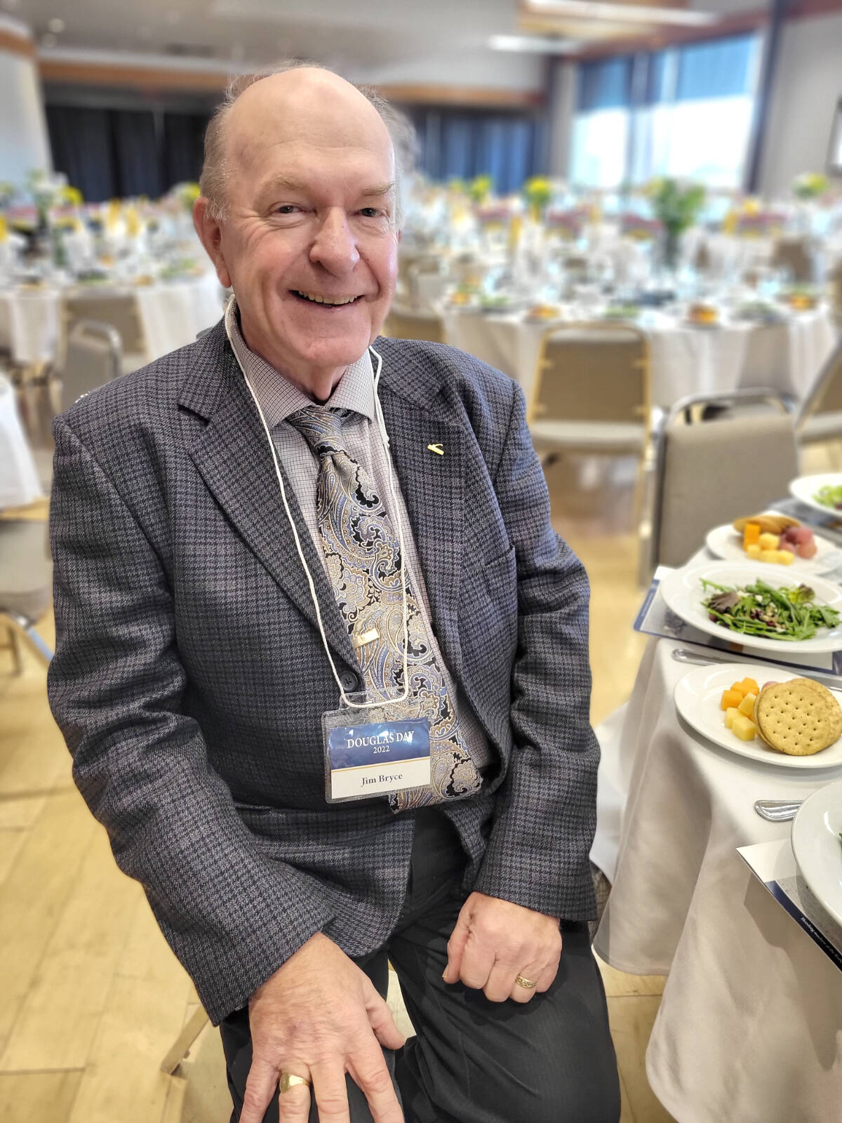 A vigorous Jim Bryce said he wanted to get some exercise, so he didnt take the elevator to the third floor banquet hall, at LEC, opting to walk up the stairs instead. Bryce was among 226 seniors and spouses, along with 115 dignitaries and invited guests who attended the Douglas Day 2022 pioneers banquet on Saturday, Nov. 19 at the Langley Events Centre. (Dan Ferguson/Langley Advance Times)