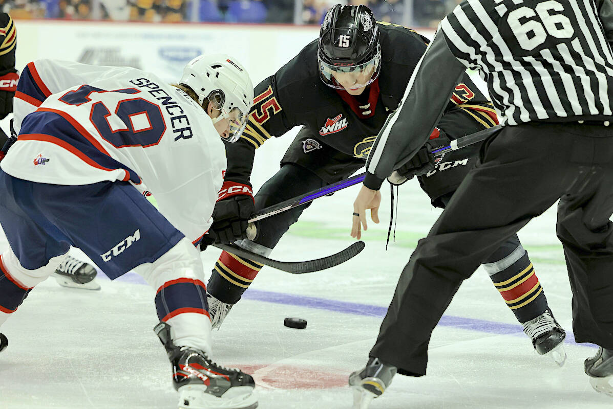 Regina Pats聮 Tye Spencer faced off against Vancouver Giants聮 Jaden Lipinski Friday night, Nov. 25 at 91原创 Events Centre. A sellout crowd of 5,276 watched Pats Captain Connor Bedard, a rising star and top NHL prospect, lead his team against Vancouver. (Rob Wilton/Special to 91原创 Advance Times)