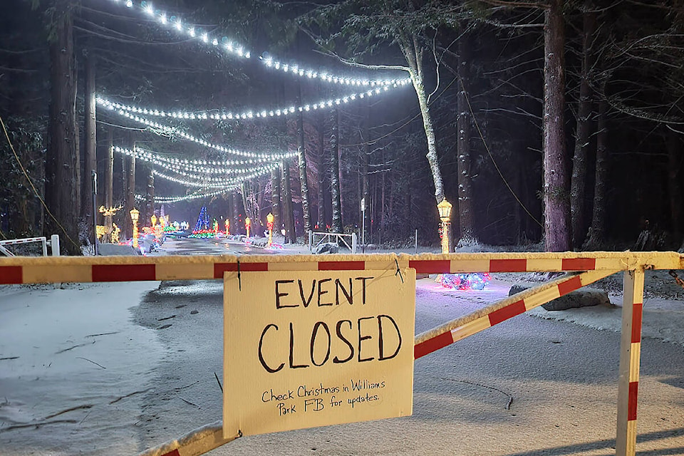 Heavy snow Tuesday, Nov. 29, forced a one-day shutdown of the Christmas in Williams Park light display. It was set to reopen Wednesday. (Dan Ferguson/Langley Advance Times)
