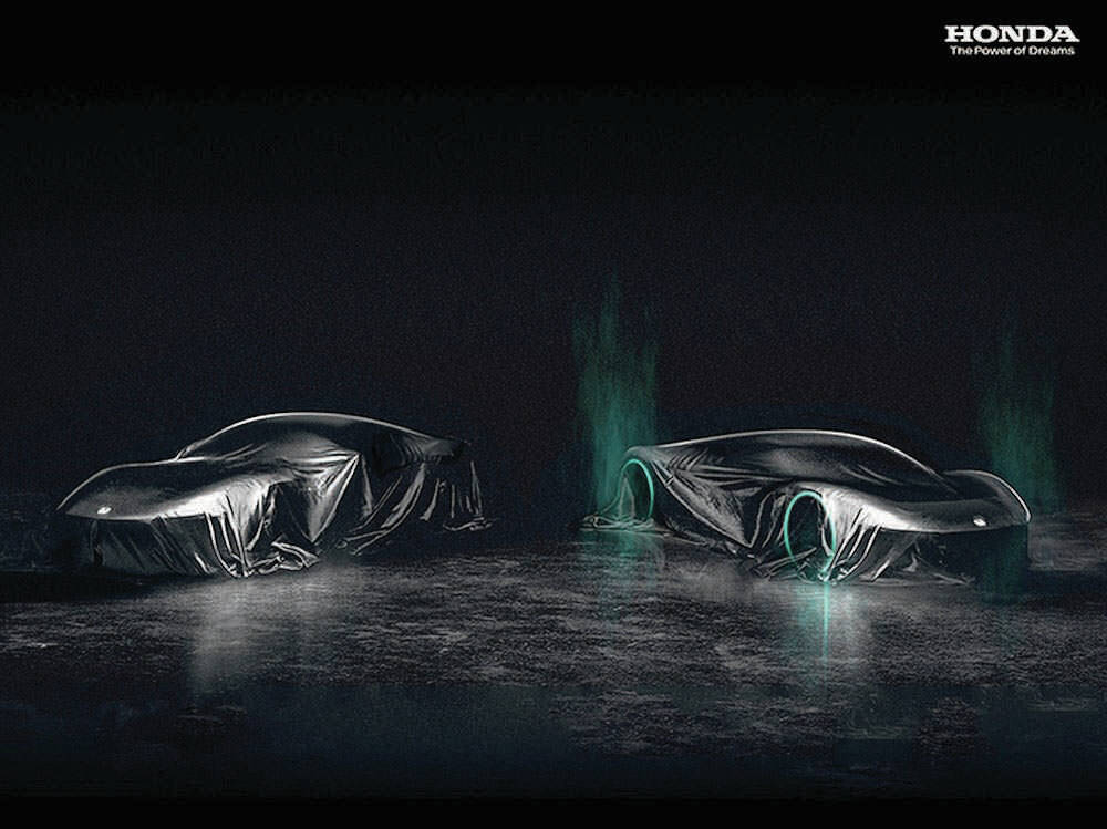 HondaÂ’s new sports cars will be electric. At the left is a front-engine design, while at the right is a mid-engine design, possibly a replacement for the Acura NSX. RENDERING: HONDA