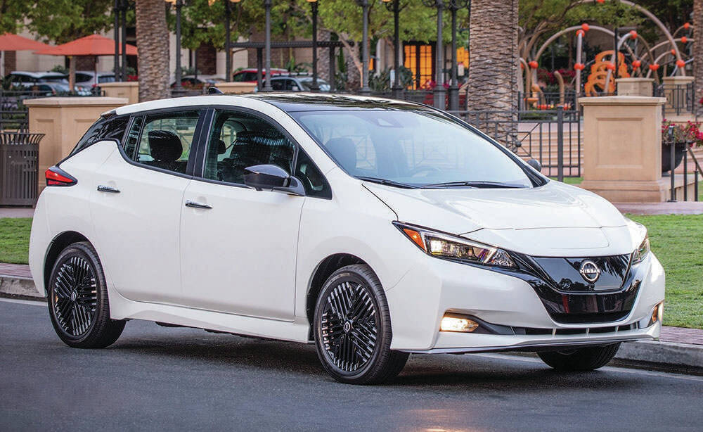 Updates to the Nissan Leaf include a somewhat sleeker-looking grille plus new headlights and wheel designs. PHOTO: NISSAN