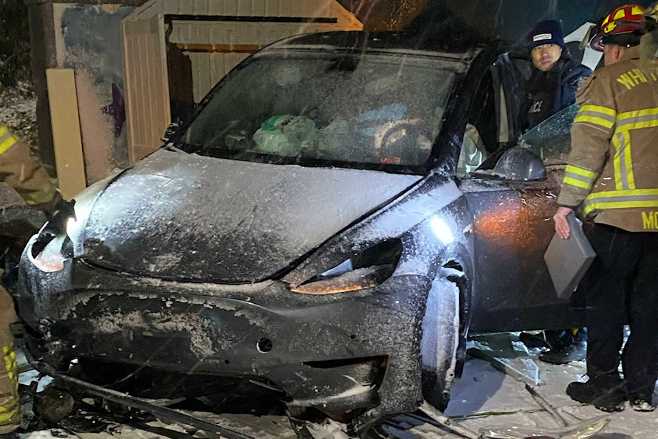 A White Rock resident is concerned about his neighbourhood when snow falls, as three vehicles have crashed on his Sunset Drive property in the past six years. The most recent was a Tesla that smashed his shed on Dec. 6, 2022. (contributed photo)