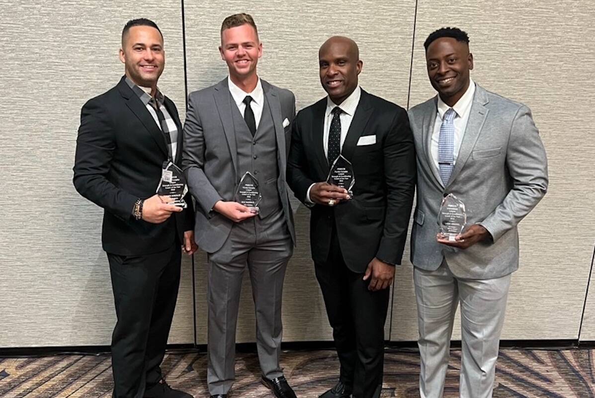 Kelowna's Isiah McDonald won the Florida Complex League's strength and conditioning coach of the year in his first season with the New York Yankees organization. He is with James Gonzalez (left, 15+ years in professional baseball), Ty Hill (middle-right, 25 seasons in pro baseball, 14 at the major league level) and Larry Adegoke (right, New York Yankees assistant big league strength and conditioning coach) (Contributed)