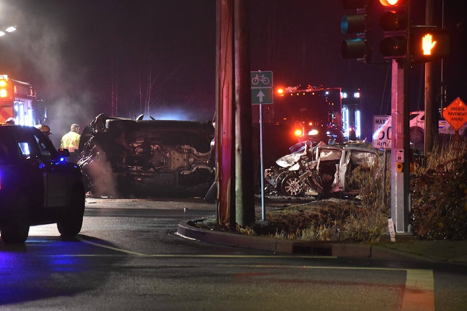 Two people died and a third was in critical condition after a Saturday night (Dec. 17) collision involving three vehicles at 216th Street and 80th Avenue in ’s Willoughby neighbourhood. (Curtis Kreklau/Special to )