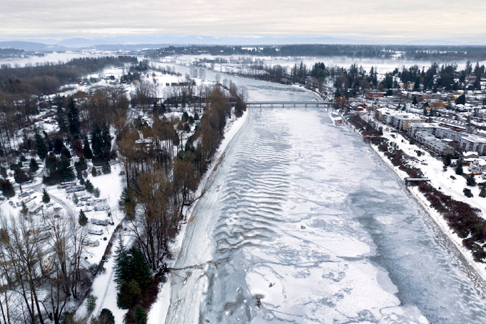 During the recent “big freeze” in late December, Lou Fasullo had an opportunity to send a drone about 75 feet up in the air and snap some aerial shots of the partially frozen Fraser River, including sections of Brae Island and Bedford Channel. (Special to Langley Advance Times)