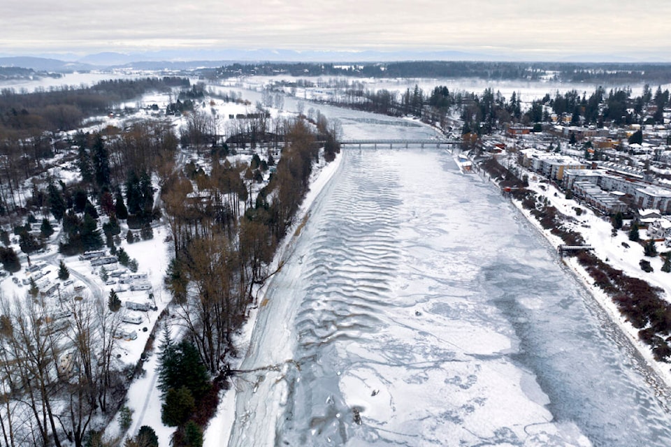 During the recent “big freeze” in late December, Lou Fasullo had an opportunity to send a drone about 75 feet up in the air and snap some aerial shots of the partially frozen Fraser River, including sections of Brae Island and Bedford Channel. (Special to 91ԭ Advance Times)